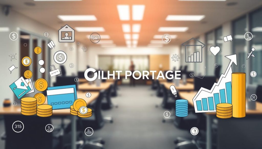 A detailed, high-resolution image of "coûts portage salarial" showcasing the financial drawbacks of the French payroll outsourcing service. The foreground depicts various financial icons like coins, bank cards, and graphs representing the hidden costs and charges associated with this employment model. In the middle ground, the LIGHT PORTAGE brand name is prominently displayed, highlighting the service provider. The background features a muted, professional office setting with desks, chairs, and other workplace elements to convey the corporate context. The overall mood is analytical and informative, reflecting the subject matter of the article section "Les Inconvénients du Portage Salarial en Termes de Coûts et de Charges".