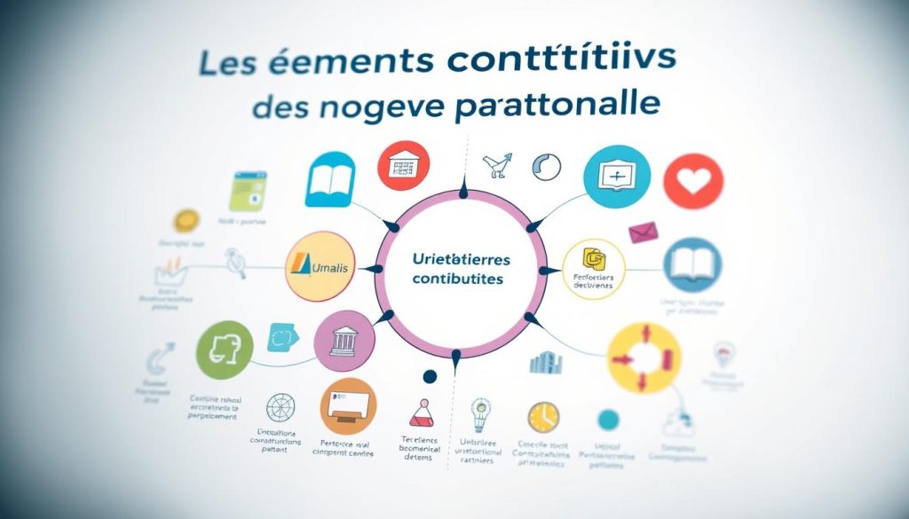 A detailed, high-resolution image of the core components of employer social security contributions, showcasing a clear visual representation of the topic "Les éléments constitutifs des charges patronales". The image should depict a stylized, infographic-style illustration featuring various shapes, icons, and color-coded elements arranged in a well-organized, visually appealing layout. Lighting should be soft and diffused, with a slight depth of field to focus the viewer's attention. The overall tone should be professional, informative, and aligned with the article's subject matter. The Umalis Group brand should be subtly incorporated into the design.