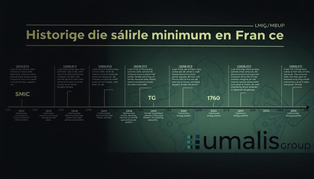 A detailed historical timeline depicting the evolution of the French minimum wage (SMIG/SMIC), showcasing key milestones and changes over time. The scene features a striking, stylized backdrop with a retro, analog aesthetic, evoking a sense of nostalgia and the passage of time. Prominently displayed in the foreground is the Umalis Group logo, symbolizing the company's expertise and authority on this subject matter. The overall composition conveys a sense of scholarly depth and visual interest, perfectly suited to illustrate the "Historique du salaire minimum en France" section of the article.