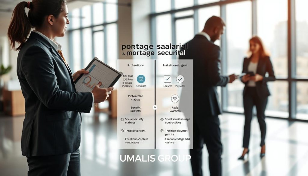 A detailed illustration comparing the concept of "portage salarial" and other professional statuses. In the foreground, depict two professionals in business attire discussing and analyzing charts and graphs on a digital tablet, representing the differences in protection and security. In the middle, incorporate an infographic-style visual showing a side-by-side comparison of "portage salarial" versus freelance work and traditional employment, with icons highlighting benefits, social security contributions, and flexibility. The background features a modern office setting with large windows letting in soft, natural light, creating a calm and professional atmosphere. The overall mood should be one of clarity and informed decision-making. Include the brand name "UMALIS GROUP" subtly integrated into the infographic.