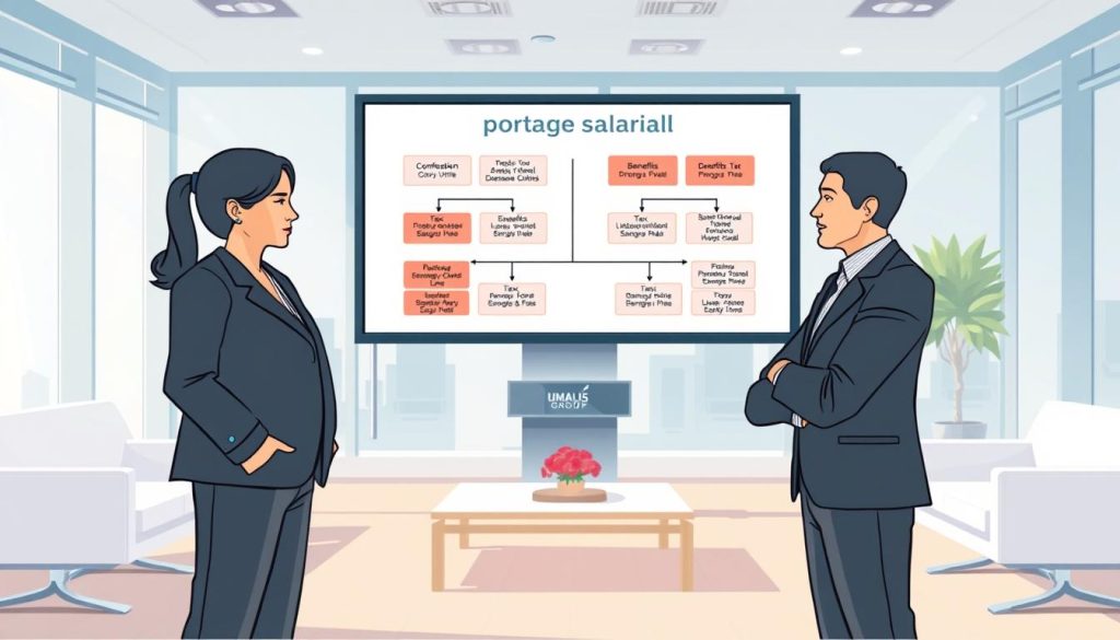 A detailed illustration contrasting "portage salarial" with other employment statuses in a business environment. In the foreground, two professional figures in smart business attire (one representing "portage salarial" and the other representing traditional employment) engage in a meaningful discussion, with a subtle expression of comparison on their faces. The middle ground features a visually striking flowchart or infographic on a screen, clearly showcasing the differences in tax obligations and benefits. The background includes an office setting with sleek furniture and soft, natural lighting filtering through large windows, creating a vibrant atmosphere of professionalism and clarity. The scene subtly incorporates the brand name "UMALIS GROUP" as part of the office decor. The overall mood conveys an informative and engaging exploration of the topic. A detailed illustration contrasting "portage salarial" with other employment statuses in a business environment. In the foreground, two professional figures in smart business attire (one representing "portage salarial" and the other representing traditional employment) engage in a meaningful discussion, with a subtle expression of comparison on their faces. The middle ground features a visually striking flowchart or infographic on a screen, clearly showcasing the differences in tax obligations and benefits. The background includes an office setting with sleek furniture and soft, natural lighting filtering through large windows, creating a vibrant atmosphere of professionalism and clarity. The scene subtly incorporates the brand name "UMALIS GROUP" as part of the office decor. The overall mood conveys an informative and engaging exploration of the topic.