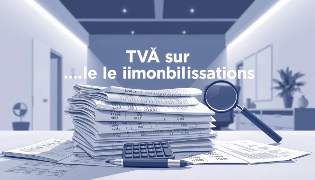 A detailed illustration depicting "TVA sur les immobilisations" in a professional, technical style. The foreground showcases a stack of financial documents and accounting ledgers, highlighting the various tax calculations and compliance details related to fixed assets. In the middle ground, a calculator, pen, and magnifying glass emphasize the meticulous analysis required. The background features a sleek, modern office environment with clean lines and neutral tones, reflecting the Umalis Group's sophisticated and authoritative brand. Soft, directional lighting illuminates the scene, creating depth and emphasizing the importance of this financial topic. The overall mood is one of precision, expertise, and attention to detail.