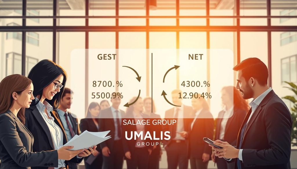 A detailed illustration depicting the concept of salary calculation in the context of portage salarial, focusing on the distinction between gross and net salary. In the foreground, a diverse group of professional individuals in business attire, including one person analyzing documents and another pointing at a chart. The middle ground features a clear, visually engaging infographic showing the breakdown of gross and net salaries with arrows and percentages. The background presents a modern office setting with a large window allowing natural light to illuminate the scene, creating a warm and professional atmosphere. The brand name "UMALIS GROUP" subtly included in the infographic. The overall mood is analytical and informative, suggesting clarity in financial understanding.