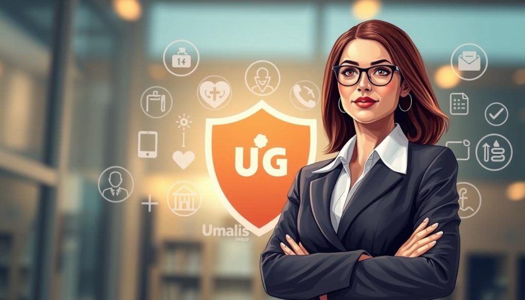 A detailed illustration depicting the concept of "social protection" for the freelance careers. In the foreground, a professional woman in a smart business attire stands confidently, surrounded by a protective shield that symbolizes the security and stability of her freelance work. In the middle ground, various icons representing healthcare, pension, and other social benefits are arranged in a harmonious composition. The background features the Umalis Group logo, conveying the idea of a supportive organization that provides freelance workers with the necessary social protections. The scene is bathed in a warm, calming light, with a soft, blurred focus, creating a sense of balance and reassurance.