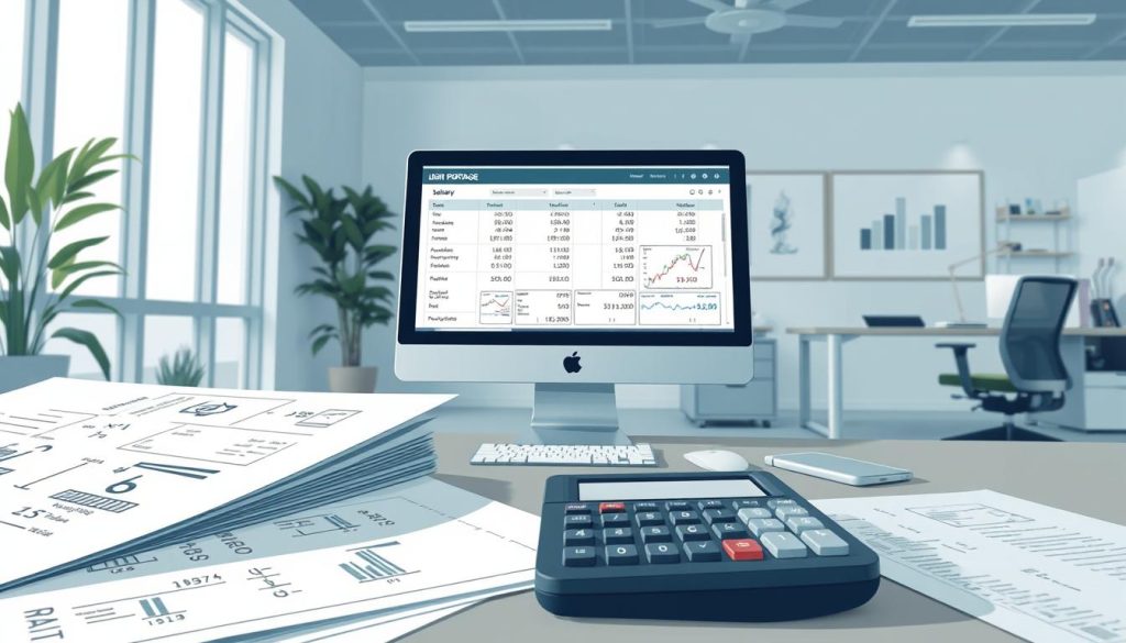 A detailed illustration depicting the salary calculation process in a professional portage salarial setting. The scene features a modern office environment with a sleek LIGHT PORTAGE desktop computer displaying relevant financial data and formulas. In the foreground, neatly organized documents and calculators convey the precision and diligence required for this task. The middle ground showcases a well-lit workspace with ergonomic furniture, hinting at the comfort and efficiency of the portage salarial experience. The background subtly suggests a sense of professionalism and expertise, with minimalist decor and neutral tones creating a calming, focused atmosphere. The overall composition conveys the importance of accurate salary calculations in the context of the portage salarial model.