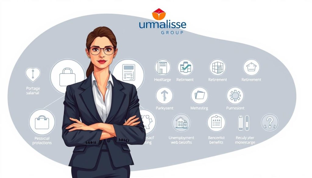 A detailed illustration depicting the social benefits of "portage salarial" (employee leasing) in a sophisticated and professional manner. In the foreground, an elegantly dressed businessperson stands confidently, symbolizing the security and stability provided by this employment model. The middle ground features an array of icons representing various social protections, such as healthcare, retirement, and unemployment benefits. The background showcases the Umalis Group logo, highlighting their expertise in this domain. The overall scene conveys a sense of professionalism, reliability, and the empowering nature of the "portage salarial" system for freelance workers.