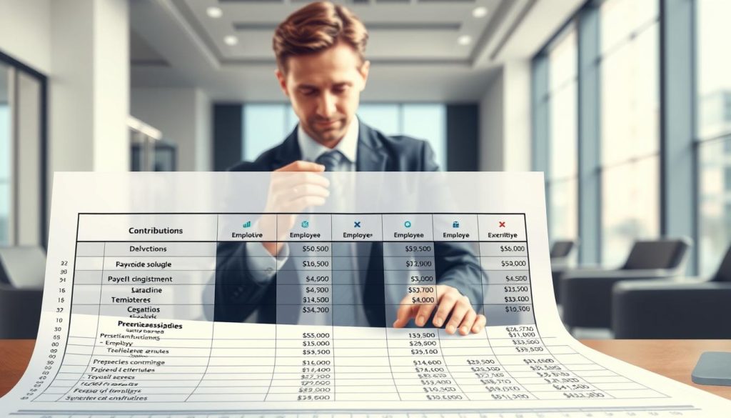 A detailed illustration of "Contributions sociales portage salarial : obligations et calcul" showcasing the distribution of social charges for a Light Portage employee. In the foreground, a neatly organized spreadsheet displays itemized payroll deductions and employer contributions. In the middle ground, a well-dressed professional examines the document, symbolizing the careful calculation of these social charges. The background features a modern office setting with sleek furniture and large windows, conveying a sense of sophistication and diligence. The lighting is soft and directional, creating depth and highlighting the key elements. The overall mood is one of professionalism, precision, and attention to financial detail.