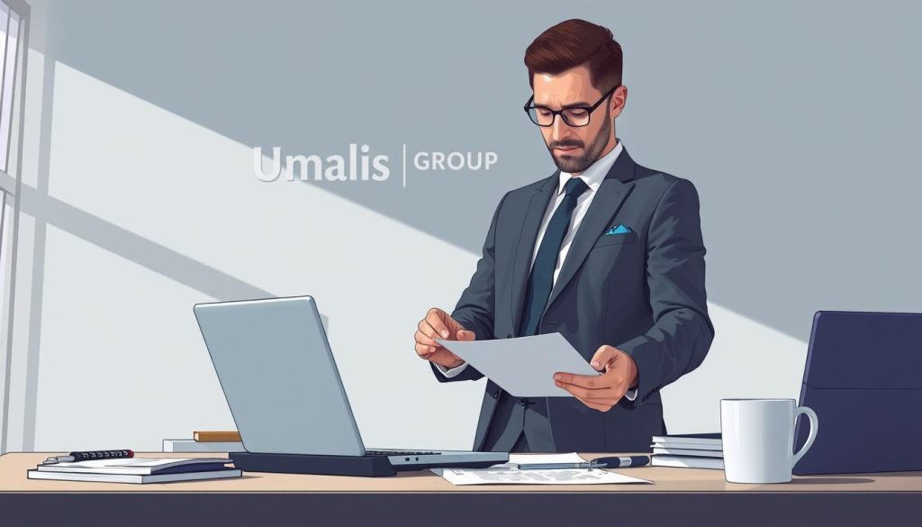 A detailed illustration of a "Taux Journalier Moyen" (TJM) in the context of "Portage Salarial". A professional business person wearing a suit stands in a modern office, studying financial documents and calculations on a laptop screen. The foreground features neatly organized office supplies, a calculator, and a cup of coffee. The background showcases the Umalis Group brand, with a sleek, minimalist design aesthetic. Soft, directional lighting creates depth and highlights the subject's thoughtful expression. The overall mood is one of focused professionalism and financial acumen.