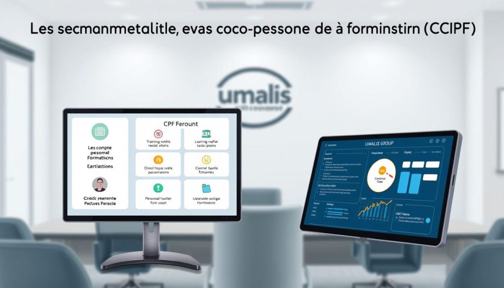 A detailed illustration of a "compte personnel formation" (CPF) account, showcased against a clean, professional backdrop. In the foreground, a sophisticated digital display presents the CPF's key features, including its funding mechanisms, training options, and personal tracking capabilities. The middle ground features a Umalis Group logo, conveying the organization's expertise in this domain. The background subtly depicts an office setting, with muted tones and minimalist decor, emphasizing the administrative and financial nature of the CPF account. The overall mood is one of informative clarity, reflecting the educational focus of the section titled "Les fondamentaux du compte personnel de formation (CPF)".