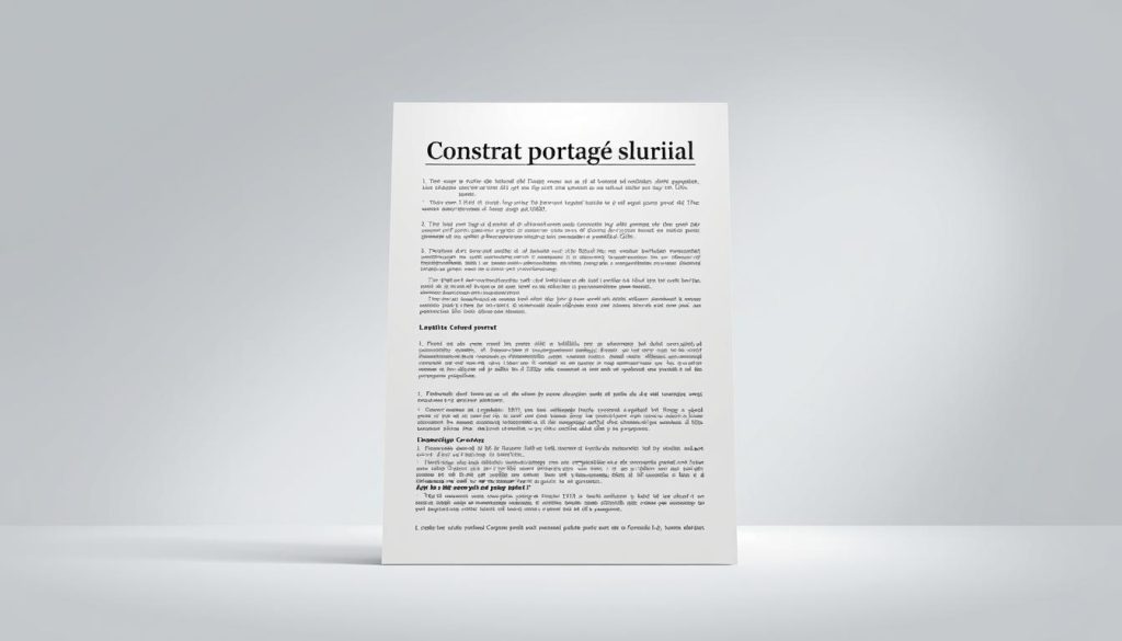 A detailed illustration of a "contrat portage salarial" document against a clean, professional background. The document should be the focal point, positioned in the middle of the frame, with a crisp, high-resolution rendering. Showcase the document's formal layout, including sections, headings, and legal jargon, to convey the seriousness and importance of this employment contract. Subtle, neutral lighting should create depth and dimension, while a muted color palette of greys, whites, and blues reflects the corporate atmosphere. In the background, include the UMALIS GROUP branding, showcasing their expertise in the field of "portage salarial".