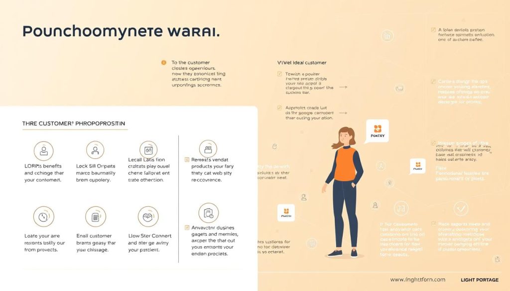 A detailed illustration of a customer value proposition for the LIGHT PORTAGE brand. In the foreground, a stylized graphical representation of the key benefits and features that make the brand's offerings valuable to customers. The middle ground showcases a persona of an ideal customer, their needs, and how the brand's products address them. The background features a geometric pattern suggestive of a well-designed business strategy, with subtle brand elements woven throughout. The overall mood is one of clarity, purpose, and a compelling customer-centric value story. Rendered in a clean, modern, and visually striking style using a warm color palette.