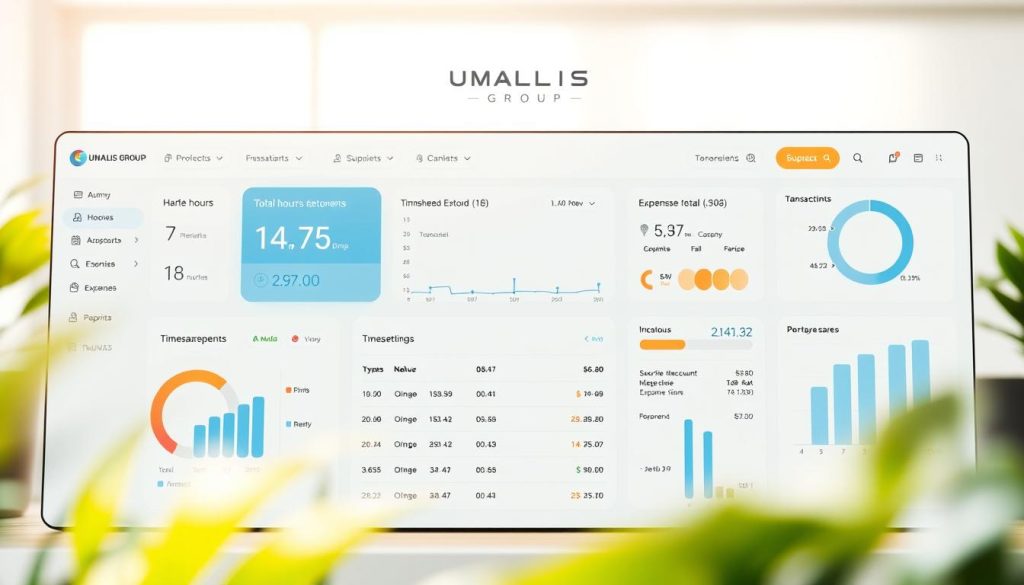 A detailed illustration of a digital account dashboard for "compte activité portage", depicting a clean and modern user interface. The foreground showcases the main metrics and statistics, including total hours worked, income earned, and expenses incurred. The middle ground features various transaction logs, timesheets, and reporting tools. The background subtly displays the UMALIS GROUP branding, conveying a sense of professionalism and trust. The overall scene is lit by a soft, natural light, creating a calming and organized atmosphere, reflecting the efficient management of administrative tasks in the context of a "portage salarial" employment arrangement.