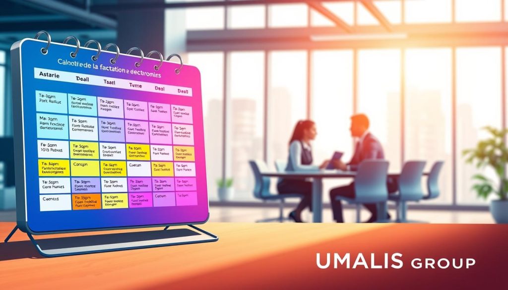A detailed illustration of a digital calendar representing the "Calendrier de la facturation électronique". In the foreground, a sleek, modern digital interface displays various dates and milestones, symbolizing the timeline for electronic invoicing reforms, with vibrant colors for clarity. The middle ground features a stylized representation of a professional business meeting, where diverse individuals in business attire review the calendar, highlighting collaboration and foresight. The background showcases a futuristic office environment with large windows allowing natural light to flood the space, creating a productive atmosphere. Soft shadows enhance depth, while the warm lighting adds a sense of optimism. The prominent branding of "UMALIS GROUP" is subtly integrated into the design.