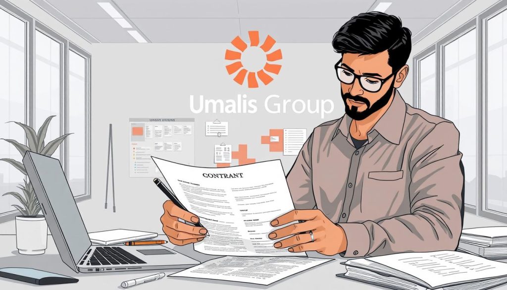 A detailed illustration of a freelancer preparing for an upcoming mission, set against the backdrop of the Umalis Group logo. In the foreground, a person is meticulously reviewing a contract, pen in hand, surrounded by a laptop, calendar, and other office supplies. The middle ground features a well-organized workspace, with a mood board, timelines, and task lists pinned to the wall. The background showcases a sleek, modern office environment, with large windows allowing natural light to filter in, creating a sense of professionalism and productivity. The overall scene conveys the careful planning and preparation required to ensure a successful freelance engagement.