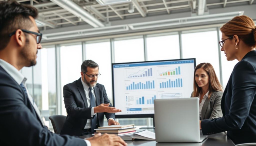 A detailed illustration of a legal framework surrounding "portage salarial", featuring a contemporary office environment as the backdrop. In the foreground, a diverse group of professionals—two men and two women—dressed in smart business attire, are engaged in a focused discussion, analyzing documents and a laptop. In the middle ground, there are visual elements such as graphs, charts related to financial projections on a screen, and legal books neatly arranged on a desk. The background reveals a modern office with large windows providing bright, natural light, giving a sense of transparency and openness. The mood is serious yet collaborative, emphasizing professionalism and clarity in understanding legal guidelines. Include the brand name "UMALIS GROUP" subtly integrated into the environment. Objectifs de revenu 2027 : relier son prévisionnel de missions à une simulation de portage salarial