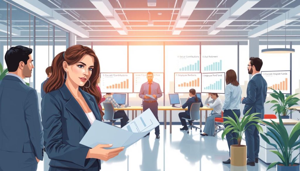 A detailed illustration of a modern office environment focused on employee social protection, featuring a diverse group of professionals engaged in discussions. In the foreground, a confident woman in formal business attire reviews documents related to social contributions and employee benefits. The middle scene showcases a collaborative workspace with charts and graphs on screens depicting retirement and unemployment funds. In the background, large windows allow natural light to flood the space, creating a bright and uplifting atmosphere. Subtle branding elements of "UMALIS GROUP" are incorporated into the office decor, emphasizing professional expertise. The image should convey a sense of security, teamwork, and focus on employee welfare, captured from a slightly elevated angle to give a comprehensive view of the environment.