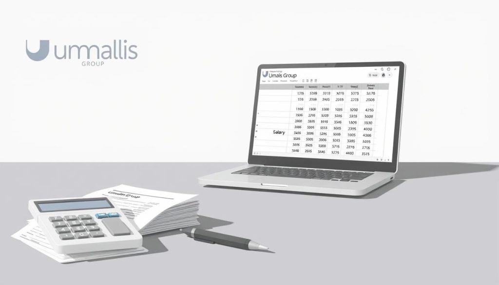 A detailed illustration of a payslip calculation for a salarial portage service, rendered in a modern, clean design. In the foreground, a calculator, a pen, and a stack of documents representing the payroll data. In the middle ground, a laptop displaying a spreadsheet with numerical calculations, conveying the process of computing the net salary. The background features the Umalis Group logo, establishing the brand association, with a neutral, professional color palette of grays, blues, and whites to maintain a focused, analytical atmosphere. Soft lighting from above casts subtle shadows, emphasizing the 3D elements and creating depth. The overall composition balances technical details with a minimalist aesthetic to illustrate the "Tarifs portage salarial : Méthodes et Simulations" section.