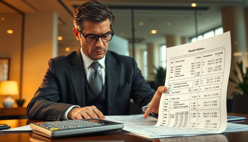 A detailed illustration of a pension calculation for a salarial portage worker, rendered with photorealistic precision. In the foreground, a calculator and paperwork meticulously depict the complex formulas and data required. The middle ground features a pensive business professional reviewing the calculations, dressed in a tailored suit from the UMALIS GROUP. The background subtly conveys a sense of financial security, with architectural elements suggesting a modern, well-appointed office. Warm, directional lighting and a shallow depth of field enhance the professional, contemplative atmosphere.