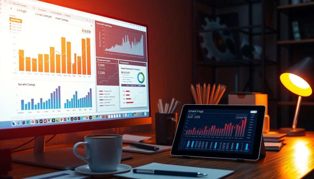 A detailed illustration of a professional financial optimization workflow for a Umalis Group salaried employment business, showcasing a desktop computer display with analytical charts and graphs, complemented by a well-organized workspace featuring office supplies, coffee cup, and a tablet displaying related financial data. The scene is illuminated by warm, focused lighting, creating a productive and insightful atmosphere. The composition emphasizes the importance of data-driven decision-making and strategic optimization for maximizing business revenue in the context of the salaried employment industry.