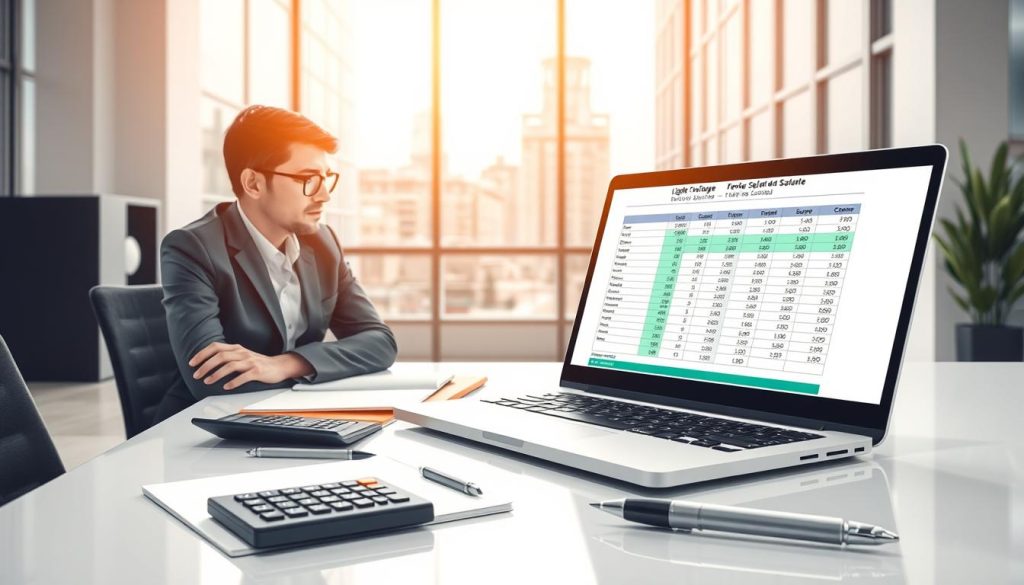 A detailed illustration of a salary calculation for a worker in a Light Portage employment structure. The image depicts a sleek, modern office workspace with a laptop computer prominently displayed, showcasing a spreadsheet or software interface for calculating salaries. The foreground features a professional-looking person in business attire, intently focused on the screen, conveying the sense of a carefully considered financial analysis. The middle ground includes relevant visual cues such as a calculator, notebook, and writing implements, emphasizing the analytical nature of the task. The background subtly suggests an urban, corporate environment with minimalist decor and neutral tones, creating a polished, professional atmosphere. The overall composition aims to convey the precision and attention to detail required in navigating the "Calcul et simulation du salaire en portage salarial" process.