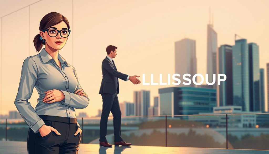 A detailed illustration of a "tripartite model" of employee leasing, featuring the UMALIS GROUP brand. In the foreground, a professional office worker stands confidently, representing the leased employee. In the middle ground, two business figures shake hands, symbolizing the contractual relationship between the leasing company and the client company. In the background, a cityscape with modern skyscrapers sets the scene of a dynamic business environment. The lighting is warm and inviting, with soft shadows and highlights accentuating the key elements. The perspective is slightly elevated, giving the viewer a sense of oversight and understanding of the overall tripartite structure.