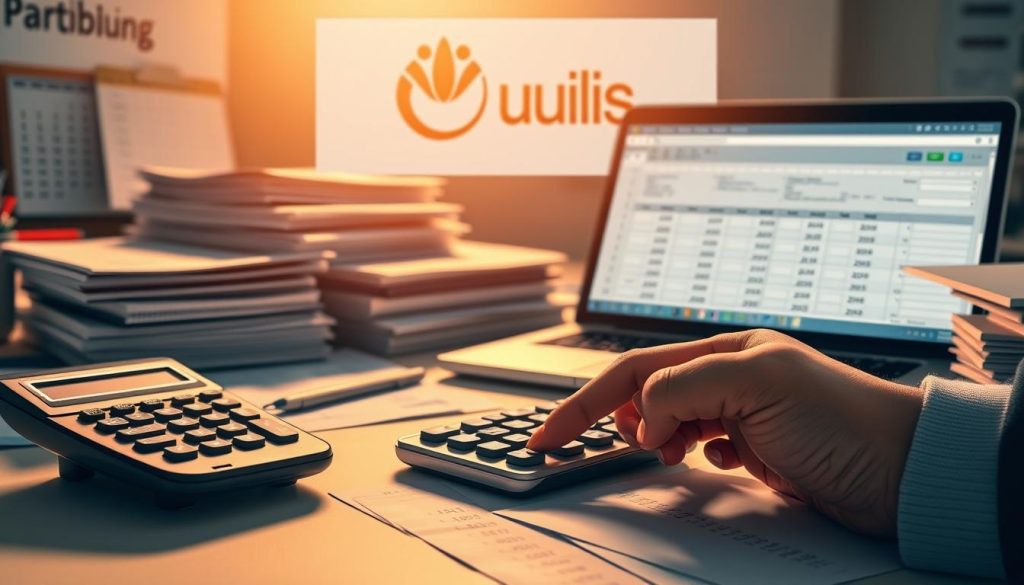 A detailed illustration of "calcul congés payés portage salarial" in the Umalis Group style. A well-lit desk with a calculator, calendar, and stacks of business documents. In the foreground, a hand with a pen is making calculations on the calculator. In the middle ground, a laptop screen displays a spreadsheet with formulas. In the background, an Umalis Group logo is visible, conveying the professional context. The scene is bathed in warm, soft lighting, creating a focused, administrative atmosphere. The overall composition emphasizes the precision and diligence required to calculate paid vacation entitlements for independent contractors under the Umalis Group portage salarial model. A detailed illustration of "calcul congés payés portage salarial" in the Umalis Group style. A well-lit desk with a calculator, calendar, and stacks of business documents. In the foreground, a hand with a pen is making calculations on the calculator. In the middle ground, a laptop screen displays a spreadsheet with formulas. In the background, an Umalis Group logo is visible, conveying the professional context. The scene is bathed in warm, soft lighting, creating a focused, administrative atmosphere. The overall composition emphasizes the precision and diligence required to calculate paid vacation entitlements for independent contractors under the Umalis Group portage salarial model.