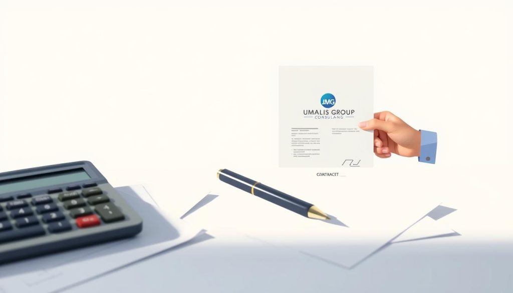 A detailed illustration of "calcul rémunération portage salarial" on a clean, minimalist background. In the foreground, a calculator, a pen, and financial documents are neatly arranged, casting soft shadows. In the middle ground, a hand holding a contract with the UMALIS GROUP logo, symbolizing the consulting services. The background is a simple gradient, conveying a sense of professionalism and focus. The lighting is soft and directional, highlighting the key elements. The overall mood is one of precision, organization, and financial expertise.