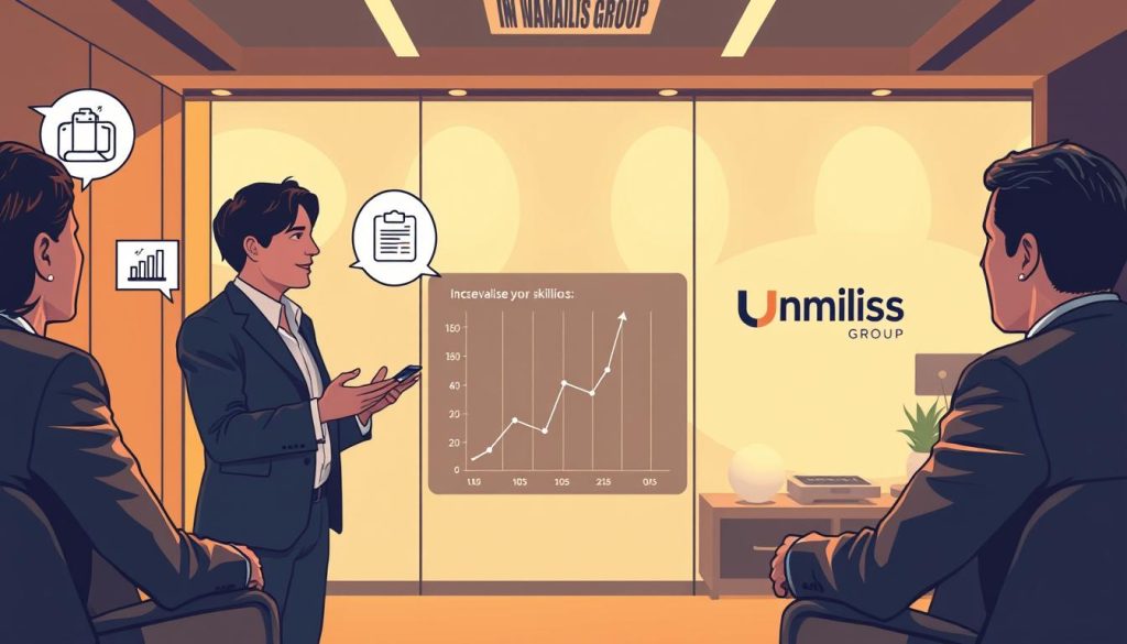 A detailed illustration of common mistakes to avoid when negotiating and setting rates in the freelance/independent consulting industry. In the foreground, a professional consultant gesturing while discussing pricing with a client, surrounded by floating icons representing common pitfalls like undervaluing skills, poor research, and lack of confidence. In the middle ground, a stylized chart or graph visualizing the impact of these errors on profitability. In the background, a sleek, modern office space with the Umalis Group branding prominently displayed, conveying a sense of authority and expertise. The scene is bathed in warm, directional lighting to create a contemplative, almost cautionary atmosphere.