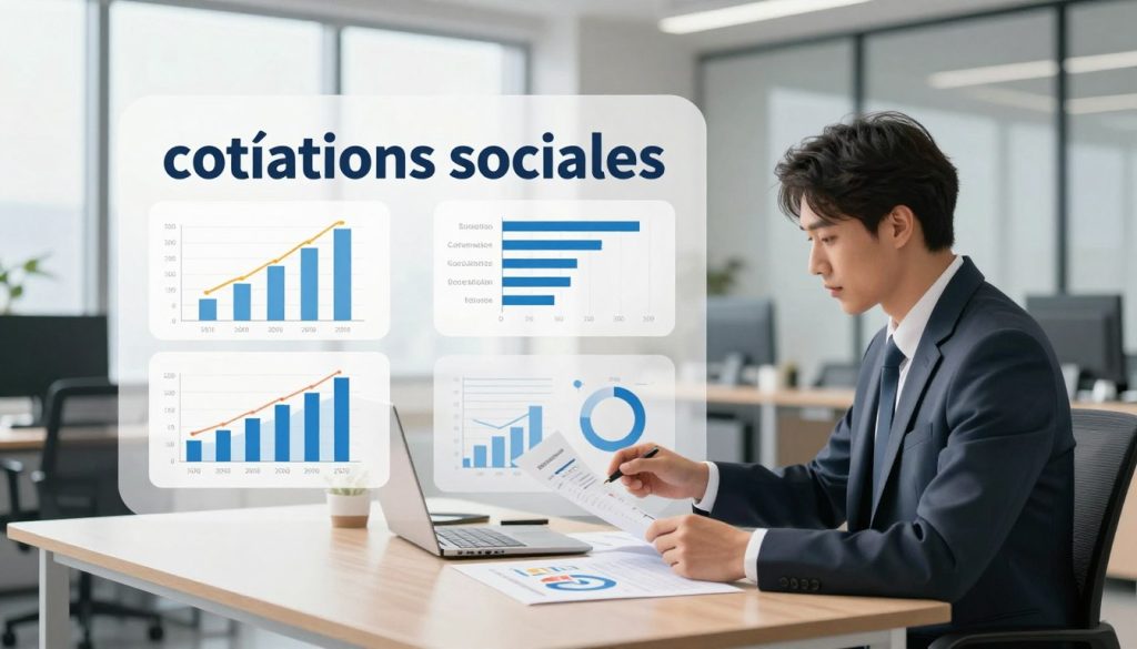 A detailed illustration of "cotisations sociales," featuring a split scene. In the foreground, a professional in business attire is analyzing financial documents on a modern desk, including graphs related to social contributions and costs. The middle layer displays clear, organized charts and infographics that represent different social contribution rates, with specific colors for visual distinction. In the background, a sleek office environment filled with natural light filtering through large windows, providing a productive and focused atmosphere. Soft shadows create depth, and the overall color palette is calm and professional, emphasizing clarity and understanding in financial decision-making. The composition should be balanced, directing attention to both the individual and the financial visuals without distractions.