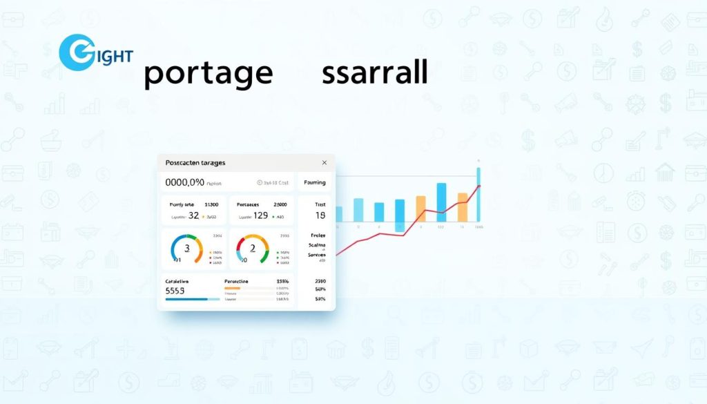 A detailed illustration of "coûts portage salarial" depicting a well-designed infographic on a light blue background. In the foreground, a sleek dashboard showcasing key cost metrics like hourly rates, administrative fees, and social charges, all presented in a clean, data-driven layout. The middle ground features a dynamic graph visualizing the cost breakdown, with bars representing different expense categories. In the background, a subtle pattern of financial icons and symbols creates a professional, finance-themed atmosphere. The overall scene is well-lit, with a soft, diffused lighting that enhances the clarity and legibility of the information. The brand "Light Portage" is prominently displayed in the top left corner.