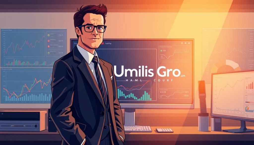 A detailed illustration of "cumul allocations chômage" showcasing a professional man in a suit standing in front of a computer screen, surrounded by graphs and financial data visualizations. The scene is bathed in warm, directional lighting, creating a focused and authoritative atmosphere. In the background, the Umalis Group logo prominently displayed, underscoring the professional context. The overall composition conveys a sense of informed decision-making and financial security.
