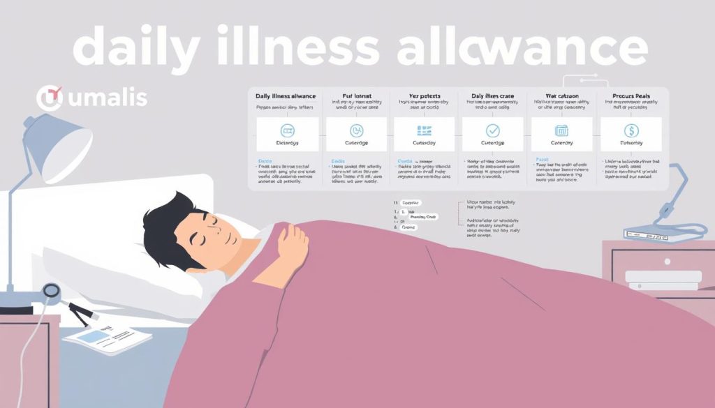 A detailed illustration of "daily illness allowance" in the style of a technical infographic. The foreground depicts a person resting in bed, with medical equipment and documents nearby, conveying the concept of illness and the need for financial support. The middle ground shows a chart or diagram outlining the process and requirements for obtaining the daily illness allowance, with key information and data visualizations. The background features the Umalis Group logo, suggesting this is a resource or service provided by the company, set against a neutral, professional-looking backdrop. The overall mood is informative and reassuring, with a focus on practical details and visual clarity to help freelancers understand their social security benefits.