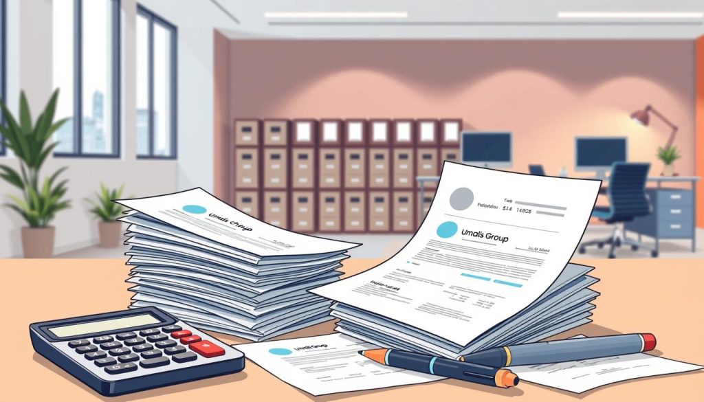 A detailed illustration of "frais gestion charges sociales" for the article on "Portage salarial freelance : avantages et fonctionnement". Depicting a stack of documents, invoices, and forms with the Umalis Group logo, set against a backdrop of a modern office environment with clean lines, warm lighting, and a sense of professionalism. The foreground features a calculator, pen, and highlighter, conveying the administrative and financial aspects of this topic. The middle ground showcases organized filing cabinets and a desk with a computer, suggesting the organizational and technological considerations. The background includes subtle architectural elements like windows and walls, creating a cohesive and visually appealing scene.