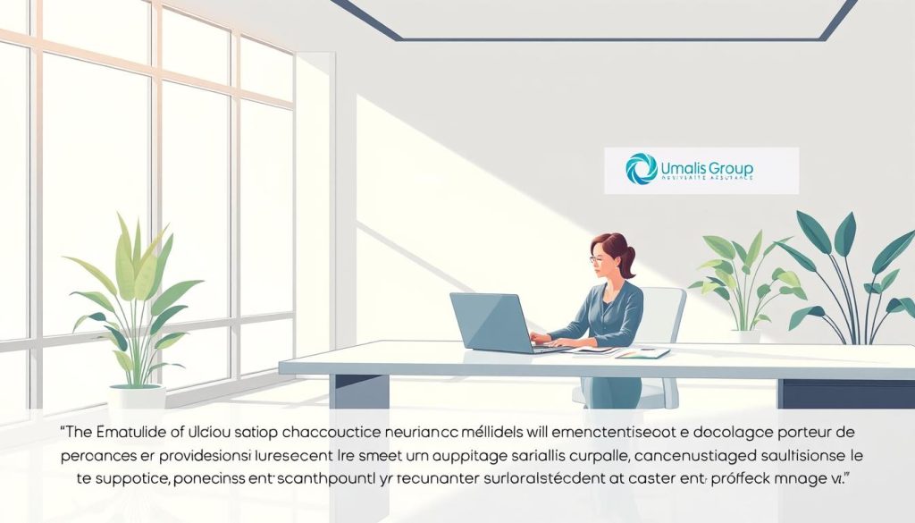 A detailed illustration of "mutualisation assurance portage salarial" from the Umalis Group. A serene office scene with a professional employee at a sleek desk, surrounded by documents and a laptop. Soft, natural lighting filters through large windows, creating a sense of harmony and efficiency. In the background, a corporate logo and subtle signage hint at the Umalis Group's expertise in providing comprehensive insurance solutions for the portage salarial industry. The overall mood conveys a sense of trust, reliability, and a commitment to supporting independent professionals through tailored risk management services.