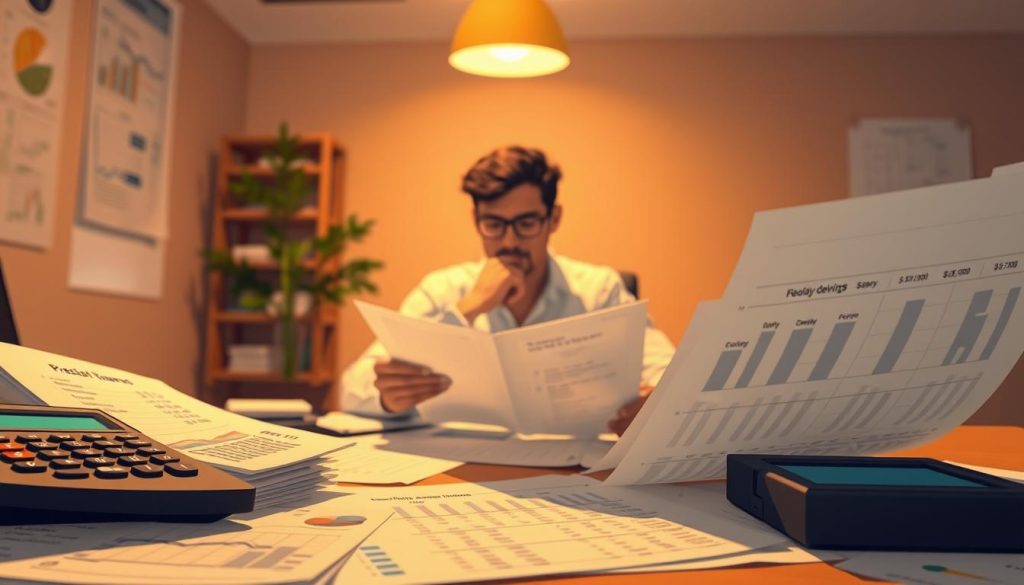 A detailed illustration of personal finances, showcasing the Umalis Group brand. In the foreground, meticulously rendered financial documents, calculators, and spreadsheets, conveying the intricate process of managing income, expenses, and salaries. The middle ground features a thoughtful individual reviewing their earnings and cost breakdown, with a serene, contemplative expression. The background is a warm, softly lit office setting, emphasizing the importance of financial organization and control. The composition is balanced, with a clean, minimalist aesthetic that highlights the key elements of income management. Lighting is directional, creating depth and drama, while the camera angle provides an engaging, almost cinematic perspective.