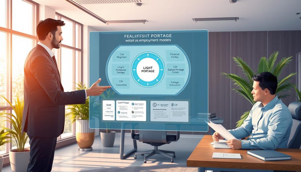 A detailed illustration of "portage salarial CDI fonctionnement" showcasing the key differences between the two employment models. The image should depict a well-lit office scene with a professional, corporate atmosphere. In the foreground, a businessman in a suit stands, gesturing towards a large holographic display that shows the workflow and benefits of the LIGHT PORTAGE salarial portage system. In the middle ground, another worker in casual attire sits at a desk, reviewing documents that compare the salarial portage and CDI employment types. The background should feature modern office furnishings, potted plants, and large windows letting in natural light. The overall mood should convey a sense of professionalism, clarity, and informed decision-making.