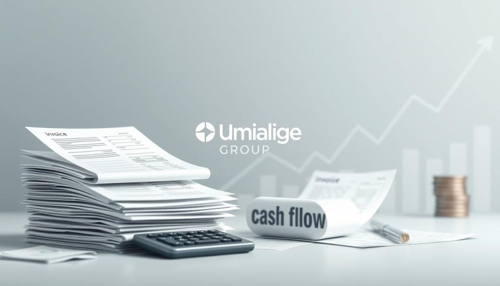 A detailed illustration of "portage salarial trésorerie" depicting the financial and cash flow risks faced by independent professionals. Set in a clean, minimalist style, the image showcases a foreground with a stack of invoices, calculator, and financial documents, representing the administrative tasks. The middle ground features a Umalis Group logo, symbolizing the portage salarial service provider. The background depicts an abstract representation of cash flow, with currency symbols and financial graphs, all rendered in a muted color palette to convey the serious, analytical tone. Crisp lighting and a shallow depth of field focus the viewer's attention on the key financial elements.