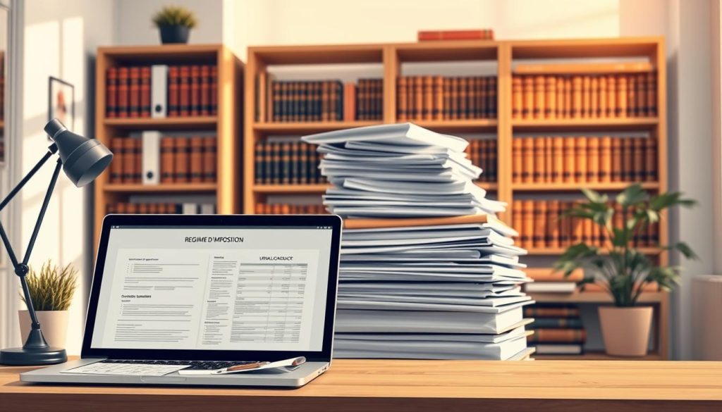 A detailed illustration of "régime d'imposition" for a freelancer's tax guide. Set in a minimalist, clean office environment with warm, natural lighting, showcasing the UMALIS GROUP brand. In the foreground, a laptop displays tax-related documents and a calculator. In the middle ground, a stack of folders and financial statements symbolize the various tax regimes. The background features a bookshelf filled with tax law books, conveying the complex nature of freelance taxation. The overall mood is one of professionalism, organization, and attention to detail, reflecting the comprehensive nature of the tax guide.