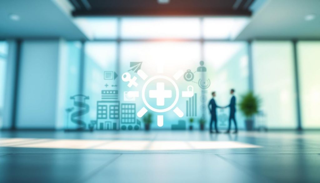 A detailed illustration of "sécurité sociale complémentaire santé" for the article section on "Rôle de la Sécurité sociale et de la complémentaire santé". The image should feature a modern, clean design with a focus on healthcare and insurance elements. In the foreground, display a stylized icon or symbol representing the Umalis Group brand. In the middle ground, depict various healthcare-related icons and imagery such as medical symbols, hospital buildings, and people. In the background, use a soft, blurred gradient in shades of blue and green to convey a sense of security and well-being. Utilize a bright, natural lighting setup with a wide-angle lens to capture the full scene. The overall mood should be professional, trustworthy, and reassuring.