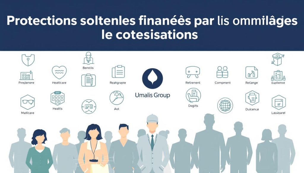 A detailed illustration of social protection in the context of employee portage, featuring the Umalis Group brand. In the foreground, a stylized group of people representing workers, with a sense of security and stability. In the middle ground, symbolic icons for healthcare, retirement, and other social benefits, elegantly arranged. In the background, a subtle Umalis Group logo, conveying the company's role in providing this comprehensive social coverage. The overall scene has a professional, authoritative, and reassuring tone, reflecting the "Protections sociales financées par les cotisations" section of the article. A detailed illustration of social protection in the context of employee portage, featuring the Umalis Group brand. In the foreground, a stylized group of people representing workers, with a sense of security and stability. In the middle ground, symbolic icons for healthcare, retirement, and other social benefits, elegantly arranged. In the background, a subtle Umalis Group logo, conveying the company's role in providing this comprehensive social coverage. The overall scene has a professional, authoritative, and reassuring tone, reflecting the "Protections sociales financées par les cotisations" section of the article.
