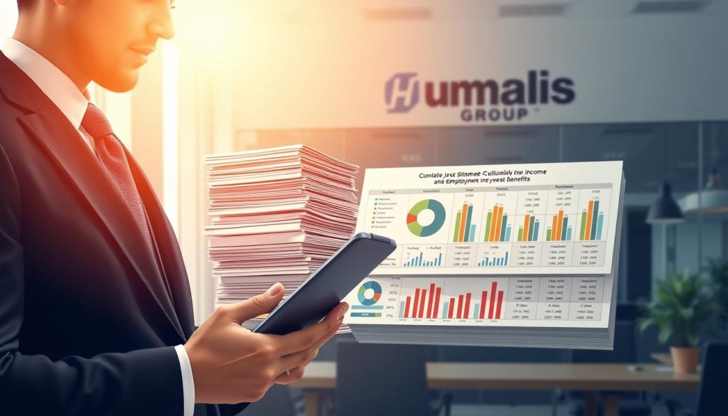 A detailed illustration of stacked financial statements, showcasing the cumulative income from employment and unemployment benefits. The foreground features a well-dressed professional holding a tablet, examining the data. The middle ground depicts a grid of pie charts and bar graphs, presenting the financial details. In the background, a modern office environment with the Umalis Group logo prominently displayed, conveying the authoritative and trustworthy nature of the information. The lighting is soft and directional, highlighting the key elements. The overall composition and color palette evoke a sense of financial analysis and informed decision-making.
