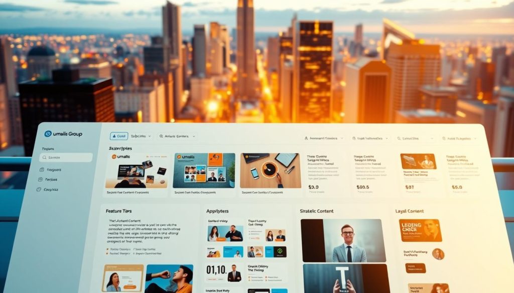 A detailed illustration of strategic content service plans from Umalis Group. In the foreground, a sleek, minimalist dashboard showcases various subscription tiers and feature sets. The middle ground depicts visuals of digital assets such as blog posts, social media graphics, and video thumbnails, all neatly organized. In the background, a cityscape with towering skyscrapers and a vibrant, energetic atmosphere conveys the professional, enterprise-level nature of the services. Warm, directional lighting illuminates the scene, creating a sense of clarity and focus. Captured with a wide-angle lens to encompass the comprehensive nature of the offering.