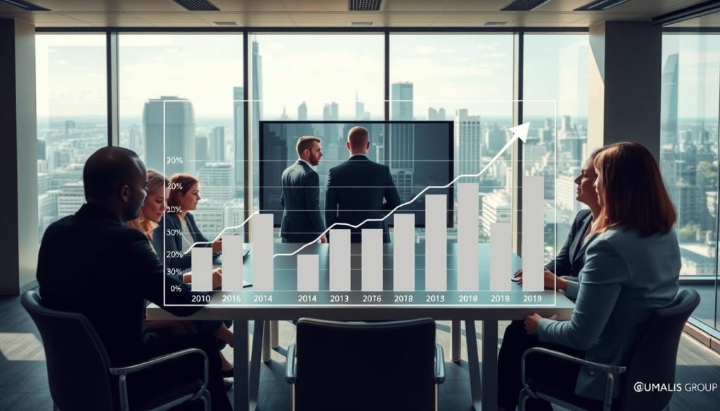 A detailed illustration of the "Baromètre Apec et emploi cadre" for the third quarter, featuring a modern office setting in the foreground. Include a clear, professional graph showcasing recruitment trends, with bars and upward trajectories highlighted against a corporate backdrop. In the middle, a diverse group of professionals in business attire gather around a conference table, deeply engaged in discussion and analysis of the data displayed on a screen. In the background, large windows reveal a bustling cityscape, indicating a dynamic job market. Soft, natural lighting spills into the room, creating a focused and optimistic atmosphere. The image should reflect a sense of professionalism and forward-thinking, symbolizing the insights of "UMALIS GROUP".