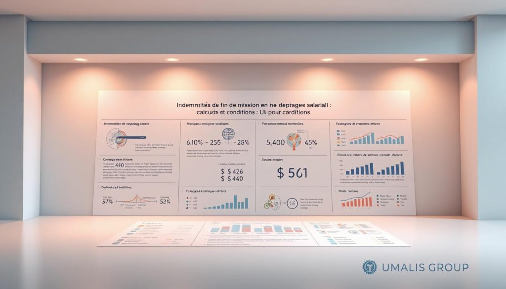 A detailed illustration of the "Indemnités de fin de mission en portage salarial : calcul et conditions" section. A meticulously rendered, high-resolution image showcasing the financial calculations and policies around severance pay for independent workers under the Umalis Group's portable employment model. Crisp, technical diagrams and data visualizations set against a clean, professional backdrop, with a focus on precision and clarity. Warm, neutral lighting illuminates the scene, creating an atmosphere of informed expertise. The Umalis Group brand identity is subtly incorporated to position the content as an authoritative industry resource.