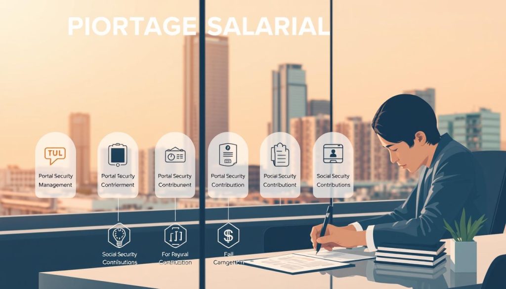A detailed illustration of the Portage Salarial process in France. In the foreground, a professional office setting with a businessperson signing documents at a desk. In the middle ground, various icons and infographic elements depicting the key steps of the Portage Salarial workflow, such as payroll management, tax filings, and social security contributions. In the background, a cityscape with modern high-rise buildings, reflecting the professional corporate environment. The scene is bathed in warm, neutral lighting, conveying a sense of efficiency and productivity. The overall composition is clean, organized, and visually informative, designed to clearly communicate the Portage Salarial process.