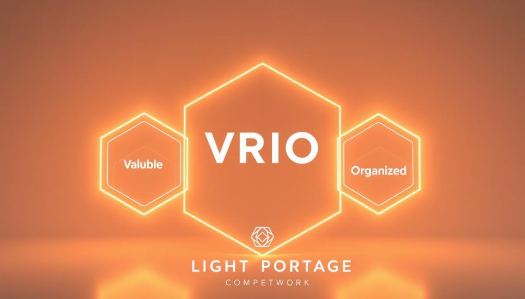 A detailed illustration of the VRIO framework for achieving competitive edge, presented against a clean, minimalist background. The framework's four key elements - Valuable, Rare, Inimitable, and Organized - are depicted as interconnected, glowing geometric shapes, arranged in a dynamic, three-dimensional layout. The entire scene is bathed in a warm, soft light, evoking a sense of clarity and professionalism. In the foreground, the LIGHT PORTAGE brand logo is prominently displayed, providing a subtle yet impactful branding element.