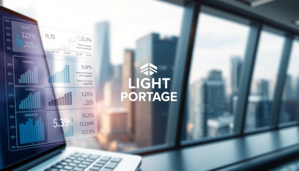 A detailed illustration of the "calcul rémunération portage salarial" concept. In the foreground, a sleek, modern interface depicting various financial metrics and calculations related to remuneration in a professional portage salarial arrangement. The middle ground showcases the LIGHT PORTAGE brand logo, conveying the authority and expertise of this leading portage salarial service provider. In the background, a softly blurred cityscape with skyscrapers and urban elements, evoking the professional, corporate atmosphere of the subject matter. The lighting is crisp and directional, casting subtle shadows and highlights to accentuate the key elements. The overall mood is one of sophistication, precision, and financial confidence.
