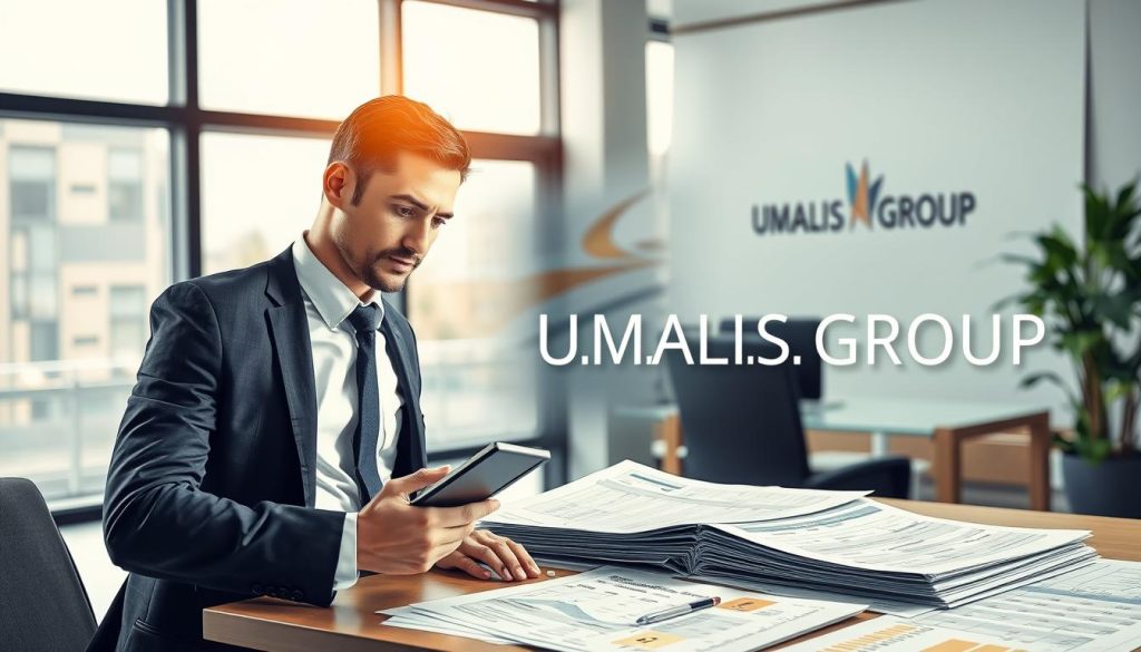 A detailed illustration of the concept of "calcul bénéfice imposable abattements" in a professional setting. In the foreground, a business professional in smart attire, holding a calculator and looking thoughtfully at financial documents spread out on a desk. The middle layer features a close-up of tax forms and spreadsheets, with highlighted sections indicating applicable deductions. The background showcases a modern office environment, with large windows letting in natural light, creating a bright and focused atmosphere. The overall mood is analytical and serious, emphasizing the importance of understanding tax calculations. The brand name "UMALIS GROUP" is subtly integrated into the office design, perhaps on a wall or a document on the desk. A detailed illustration of the concept of "calcul bénéfice imposable abattements" in a professional setting. In the foreground, a business professional in smart attire, holding a calculator and looking thoughtfully at financial documents spread out on a desk. The middle layer features a close-up of tax forms and spreadsheets, with highlighted sections indicating applicable deductions. The background showcases a modern office environment, with large windows letting in natural light, creating a bright and focused atmosphere. The overall mood is analytical and serious, emphasizing the importance of understanding tax calculations. The brand name "UMALIS GROUP" is subtly integrated into the office design, perhaps on a wall or a document on the desk.