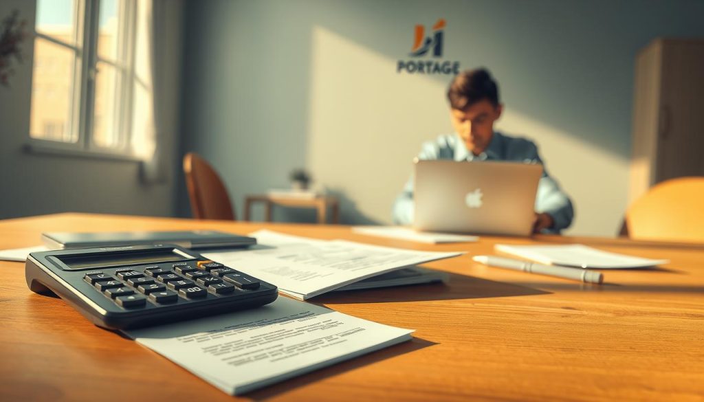 A detailed illustration of the daily allowance calculation process. In the foreground, a calculator and financial documents sit on a wooden desk, illuminated by soft, natural light filtering through a nearby window. In the middle ground, a professional working on a laptop, deeply focused on their task. The background features the "Light Portage" logo, subtly hinting at the context of the image. The overall mood is one of productivity, precision, and a commitment to accurately computing the daily allowance for a specific case. The scene conveys a sense of importance and attention to detail, reflecting the significance of the "Calcul et conditions d'obtention des indemnités journalières" section.