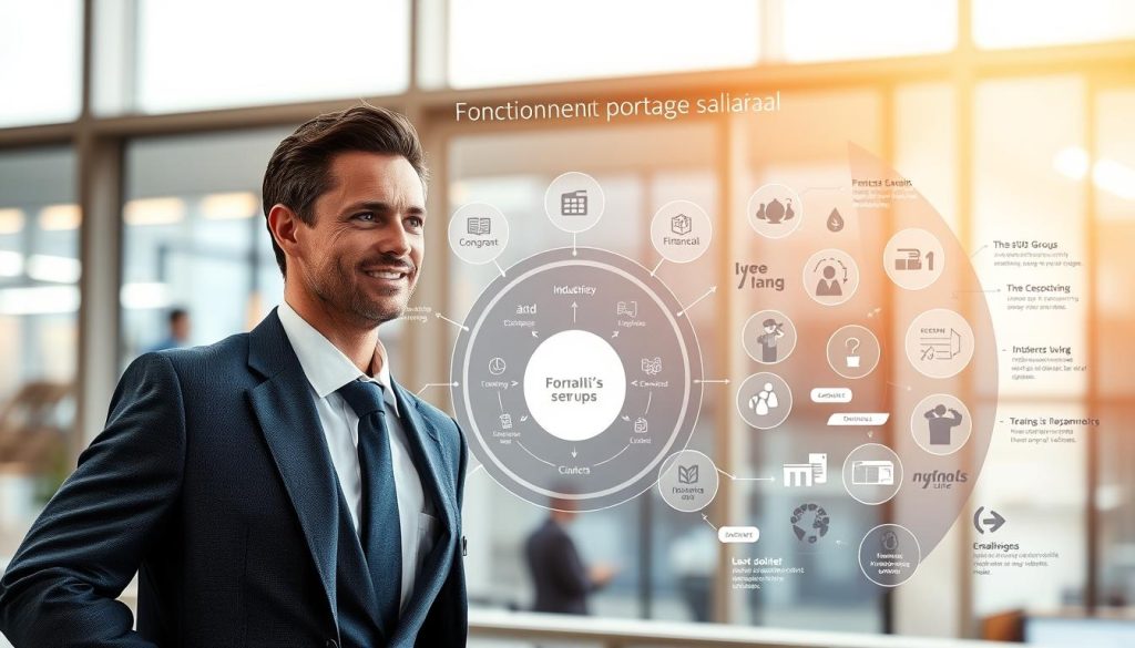 A detailed illustration of the "fonctionnement portage salarial" concept, showcasing the Umalis Group's professional services. In the foreground, a well-dressed business professional navigates the complexities of independent contracting, while the middle ground depicts the Umalis Group's collaborative ecosystem, seamlessly integrating various administrative and financial components. The background highlights the diverse industries and clients the Umalis Group serves, creating a vibrant and dynamic visual representation of their comprehensive "portage salarial" solution. The lighting is warm and inviting, with a soft focus that emphasizes the harmonious integration of all the elements. The overall composition conveys a sense of professionalism, efficiency, and the Umalis Group's commitment to empowering independent professionals.
